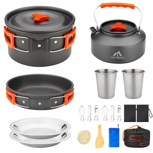 Ensemble de Batterie de Cuisine Camping 17 Pièces, Casserole et Bouilloire en Aluminium Anodisé Dur avec 2 Tasses, 2 Assiettes et Couverts en Acier Inoxydable pour Randonnée, Trek et Pique-nique