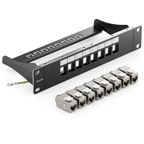 deleyCON Kit de 8 Ports Panneau de Brassage Modulaire 1 U 10" Installation en Rack + 8x Modules Keystone RJ45 CAT6a Compatible avec Câble Réseau LAN CAT5 CAT6 CAT7 Câble D'installation Noir