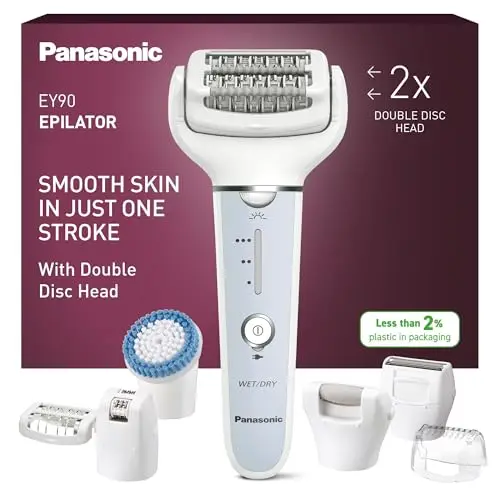 Panasonic ES-EY90-A503 Épilateur Wet &Dry, Double Disque 60 Pinces, Tête Flexible Pivotante 90°, 3 Vitesses et LED, 30 Minutes d'Autonomie, sans Fil, Épilateur, Tête Rasoir, Tête de Soin des Pieds