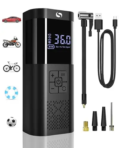 Compresseur à Air Portatif, Gonfleur Pneus Voiture sans Fil avec Jauge, Mini Compresseur 150PSI, Accessoire Voiture pour Hommes, avec Lumière LED pour Voiture Moto Bicyclette Boule