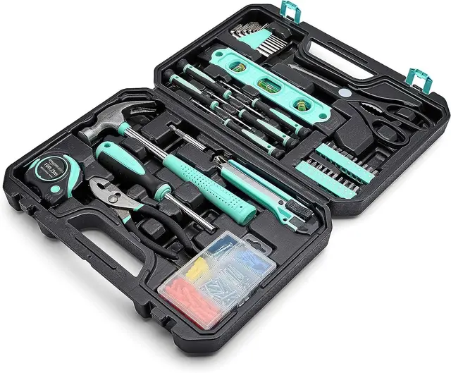 Amazon Basics Kit d'outils pour la maison avec boîte de rangement, 142 pièces (turquoise, 34 x 23,5 x 7,5 cm)