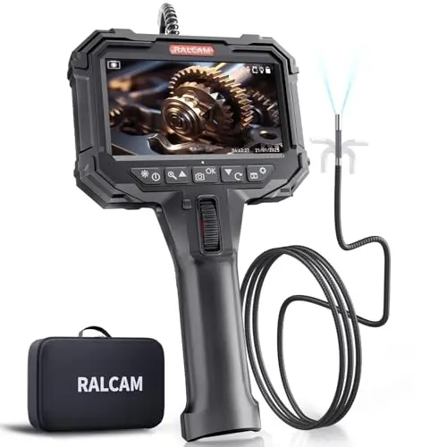 Ralcam Endoscope avec Lumière, Écran HD 5", Sonde 6,2mm 210° Rotative et Blocable, IP67, Câble Semi-Rigide 1,5M, Caméra d’Inspection pour Tuyaux, Auto et Maison