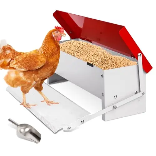 Automatischer Hühnerfutterspender, 7 kg Metall-Futterspender mit Tretmechanismus und Edelstahlschaufel, Entenfutterspender für Den Außenbereich mit Wetterfestem Deckel für 6–12 Hühner
