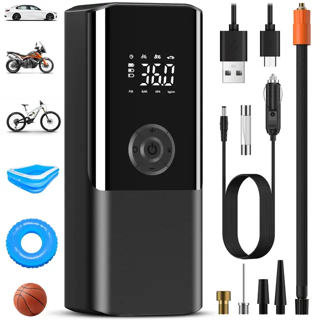 Compresseur d'air rechargeable sans fil pour voiture, moto, vélo - 150 PSI - 6000 mAh - Accessoires de voiture - Lumière LED - Noir