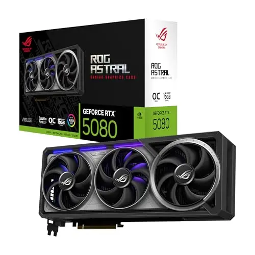 ASUS ROG Astral GeForce RTX 5080 16GB GDDR7 OC Edition – Carte Graphique Gaming (PCIe 5.0, HDMI, Display 2.1, 3.8 Slot, 4 Ventilateurs axiaux, Pad Thermique GPU)