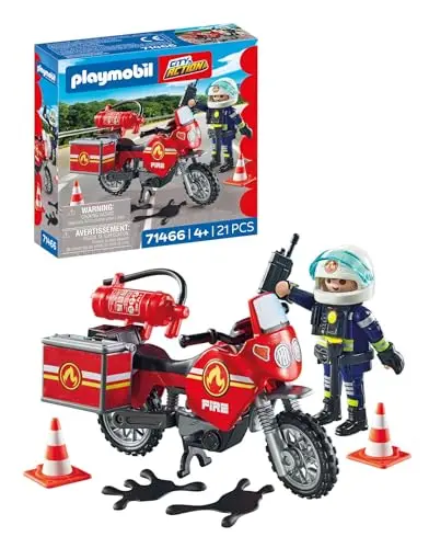 Playmobil 71466 Pompier et Moto - Action Hereos - avec Un Personnage, Une Moto équipée d'un extincteur, Une Boite à Bagages et des pylônes pour sécuriser la Zone - Ville & Métiers - Dès 4 Ans