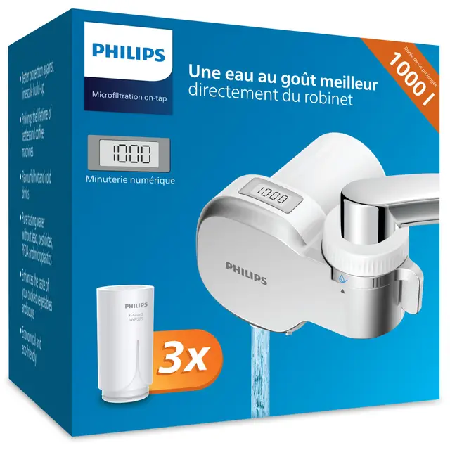 Philips Water Filtre à eau MICROFILTRATION avec affichage numérique, 3 cartouches, filtre SÉDIMENTS, CHLORE et autres impuretés, capacité de filtration de 1.000 L