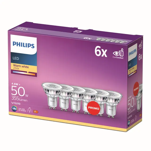 Philips LED Classic GU10 PAR16 Blanc Chaud 4,6W 355lm — Lot de 6