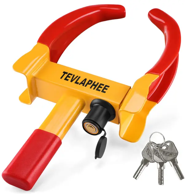 Tevlaphee Antivol Voiture Sabot Roue, Griffe de Pneu, Antivol de Voiture Bloque, Roue Sécurité Antidémarrage, Universelle, Réglable, Serrure Anti-perçage, 3 Clés(Rouge & Jaune)