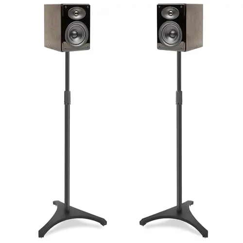 OUUTMEE Lot de 2 Supports d'Enceinte Réglable en Hauteur, Pieds d'Enceintes Universel, Supports d'Enceintes au Sol avec Base Triangulaire et Gestion des Câbles pour Enceintes de Bibliothèque/Satellite
