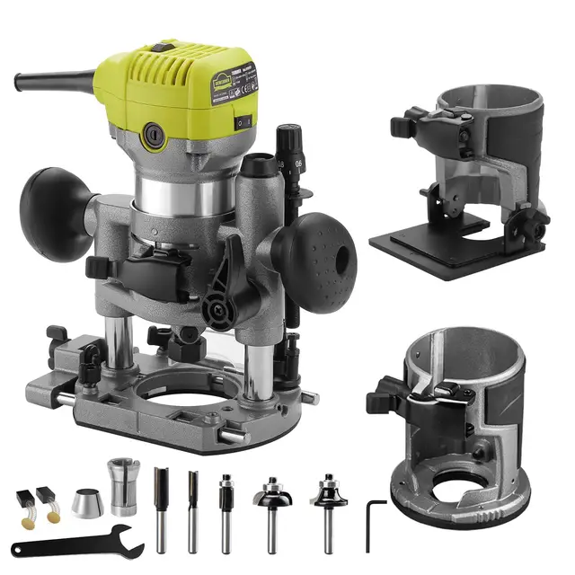 DEWINNER Défonceuse électrique Compacte 220V 710W, Défonceuse et Tronçonneuse, 3 Bases Incluses, 3 Pinces de 1/4", 6mm et 8mm, 5 Fraises au Carbure