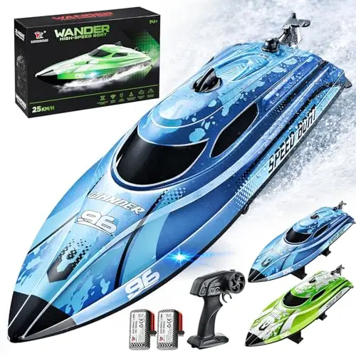 YESHIN RC Bateau 25 km/h, Bateau à Télécommande 2,4 GHz avec LED, 2 Batteries, Impermeable & Kentproof, Rappel de Surpression, Convient pour Piscine/Lacs, Cadeau pour Enfants & Adultes (Bleu)