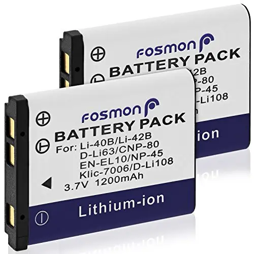Fosmon – 2 Batteries de Rechange Li-40B / Li-42B – Batterie Rechargeable 1200mAh Compatible avec Appareils Photo Olympus, Nikon EN-EL10, Casio NP-80, Fujifilm NP-45, Kodak KLIC-7006, Pentax D-LI63