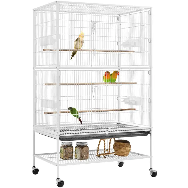 Yaheetech Grande Cage Oiseau sur Pied Volière Canaries Perroquet Grosses Perruches Cacatoès Ara Cage Oiseaux sur roulettes 2 Étages avec Support 79 x 52 x 132 cm Blanc