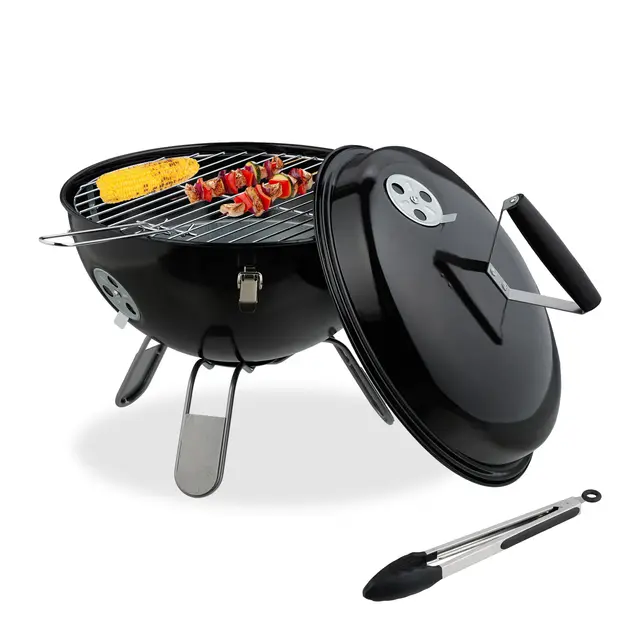 Relaxdays Barbecue Portable, Grill Rond, Ø37 cm, pour Table, Jardin, Balcon, avec Couvercle, bac à Charbon & Pince, Noir