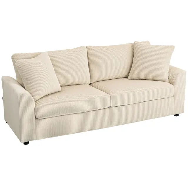 HOMCOM Canapé 3 Place Velours côtelé 212 cm, canapé Moderne avec 2 oreillers Inclus, Coussins à Ressorts, accoudoirs et Dossier rembourrés, Sofa pour Salon, Chambre, Bureau, crème