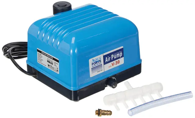Pompe à Air Aquaforte Hi-Flow V-30, Boîtier en Aluminium, Silencieuse et Puissante, Puissance 25 Watts, Capacité à 2 mètres 7 Litres par minute, Capacité maximale Du Bassin 18 m3, Non Réglable