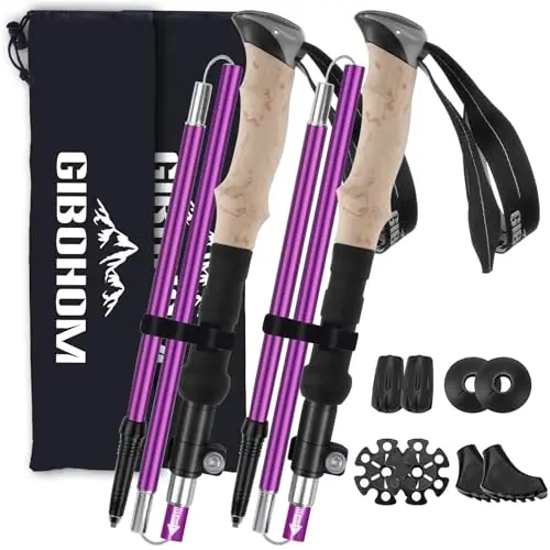 GIBOHOM Bâtons de Randonnée en Aluminium 2 PCS, Baton de Marche Nordique Pliable Télescopique Antichoc Antidérapant 105-125 CM, Baton de Randonnée avec 4 Paires de Tampons Caoutchouc pour Trekking