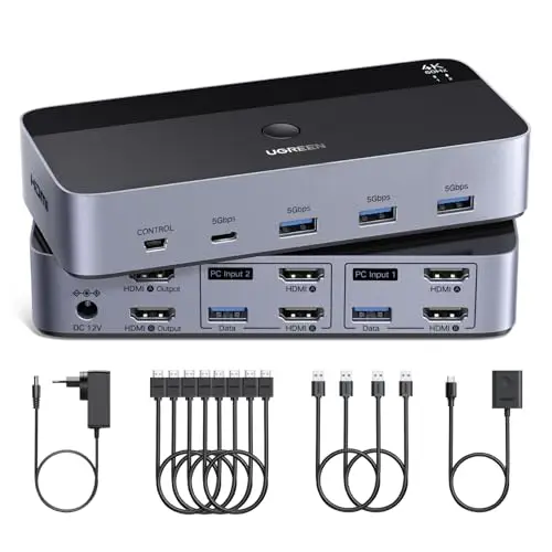 UGREEN Switch HDMI KVM 2 Entrées 2 Sorties 4K 60Hz Double Affichage Commutateur KVM avec 4 Ports USB 3A1C 5Gbps pour Clavier Souris Disque Dur Contrôleur de Bureau Câbles HDMI Inclus