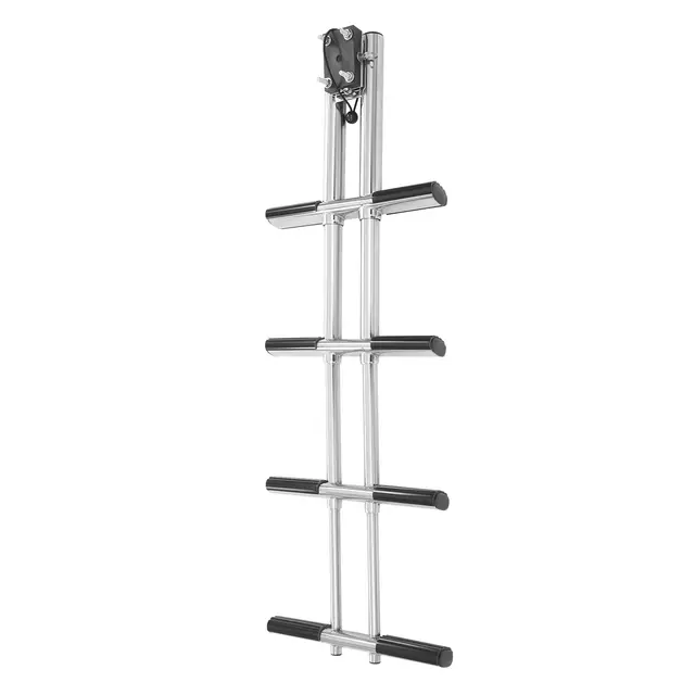 Échelle télescopique à 4 marches en acier inoxydable 304 - Pliable - Charge maximale : 408 kg - Antidérapante - Avec support pour bateau, yacht, piscine - Argenté/noir