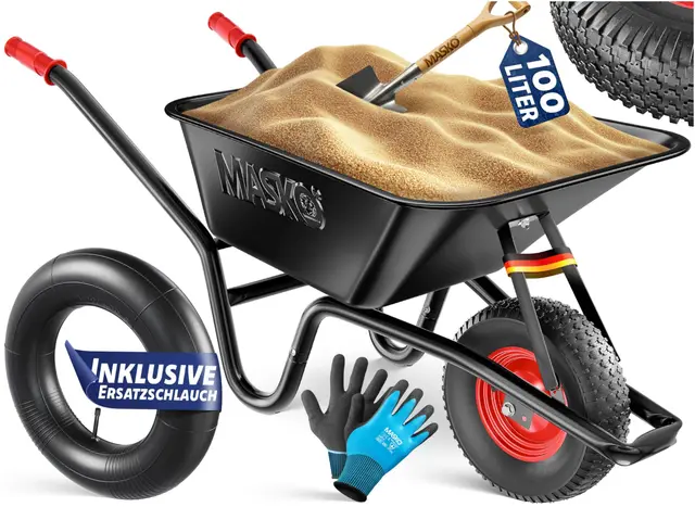 MASKO Brouette de chantier - 100 l - 250 kg - Pneus pneumatiques avec jante en acier + tuyau de rechange - Cadre en acier galvanisé - Chariot de transport - Gants