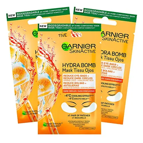 3x Garnier SkinActive Masque Contour des Yeux Anti-Fatigue au Jus d'Orange et à l'Acide Hyaluronique pour les Yeux Ternes et Fatigués - 3 Paquets de 1 Application
