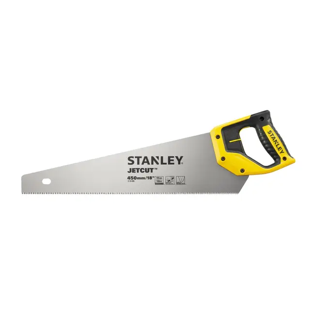 STANLEY 2-15-595 Scie Égoïne JetCut Coupe Fine 450 mm Fabriquée en France - 11 dents/Pouce - Traitement HardPoint - Lame en Acier - Poignée Bi matière - Traçage À 45° et 90