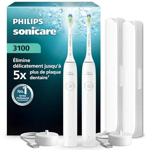 Philips Sonicare série 3100 – Brosse à dents électrique, capteur de pression, 3 intensités, EasyStart, SmarTimer, autonomie 14 j, étui de voyage, pack de 2, coloris blanc, HX4072/41, [Nouveau]