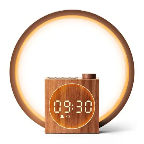Dreamegg Lampe de Chevet avec Révei, Reveil Simulateur d'aube Tactile Dimmable, 20 Niveaux de Luminosité & 12 Modes d'Intensité d'Éclairag, Wake Up Light de Charge USB, 25 Sons Apaisants, pour Chambre