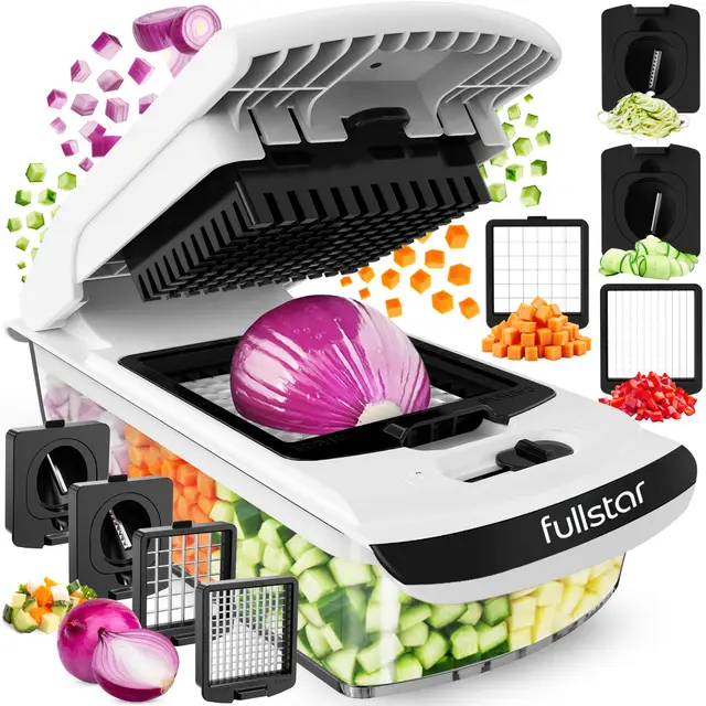 Fullstar Coupe Legumes Multifonction et Spiraliseur - Découpe en Cube - Hachoir Manuel pour Oignons Carottes Concombres Tomates Frites Pommes de Terre - Cuisine Accessoires (PRO 4-en-1, Blanc)