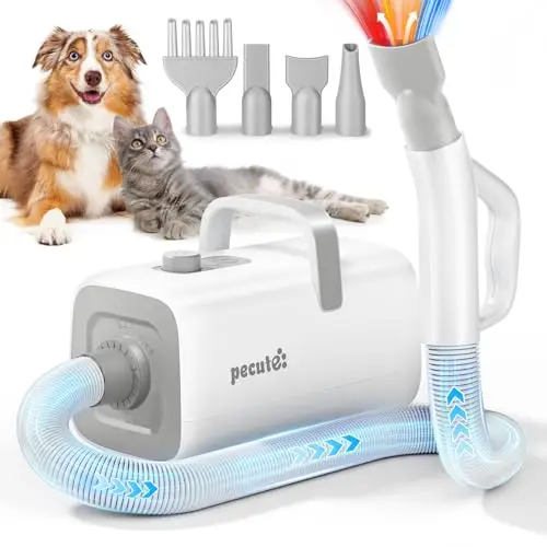 Pecute Pulseur pour Chien Caniche avec Modes de Cycle Chaud et Froid, Sèche-Cheveux pour Chien, Professionnelle Souffleur pour Chiens, Vitesse et Température réglable, 4 Buses