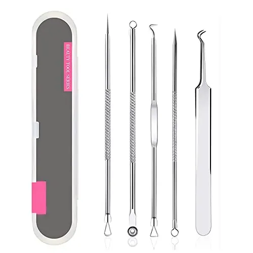 Blackhead Remover Outil,Extracteur Point Noir,Pimple Extractor,Professionnel D'acné Aiguille Tire Comédons Pince avec Boite(Argent)