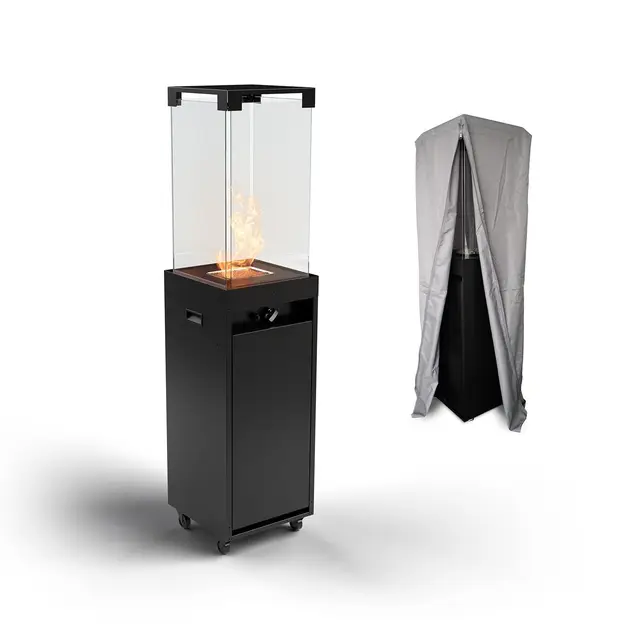 Planika Faro - Foyer Décoratif avec Cheminée pour Jardin - Chauffage de Terrasse au Gaz Propane - Extérieur - Portable - Minimaliste - Noir - avec Hosse de Protection - 8kW