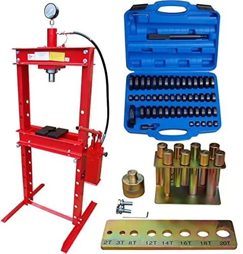 Carmax Presse d'atelier 20T avec 2 pompes + ensemble de pièces de pression 52 pièces + ensemble de mandrins de pression 8 pièces.