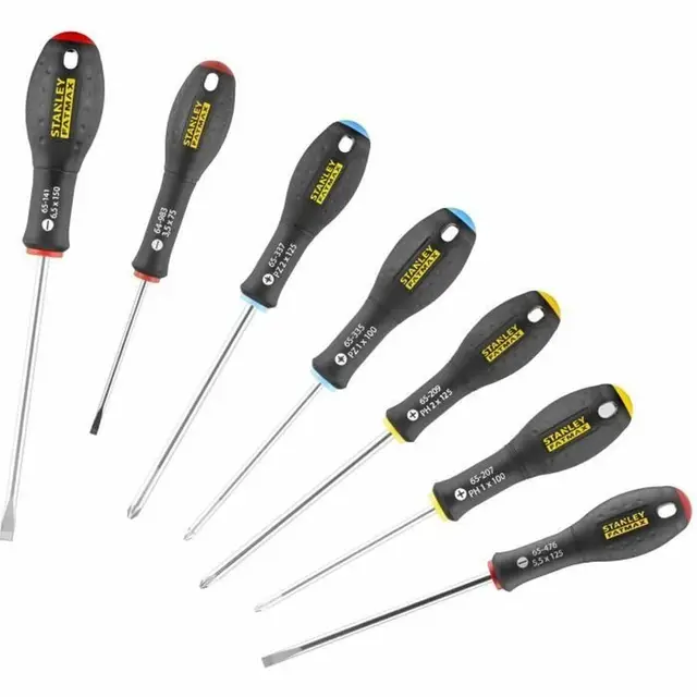 STANLEY 065438 Gamme FATMAX Jeu De Tournevis Parallèle/Évasé/Cruciforme/Pozidriv 7 Pièces - Fabriqués En France - Liaison Quasi Incassables - Poignée Soft-Grip - Force De Serrage Maximum