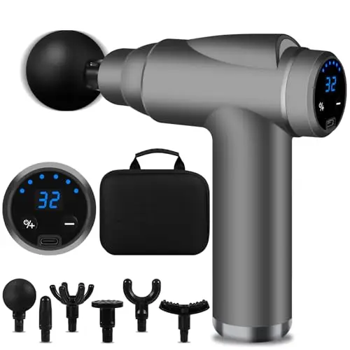 Pistolet de Massage Musculaire, Mini Massage Gun avec 32 Niveaux Réglables 3500RPM et 6 Têtes et l'Écran LCD, Léger et Portable, pour Soulager Douleurs et Raideurs Musculaires (Gris)