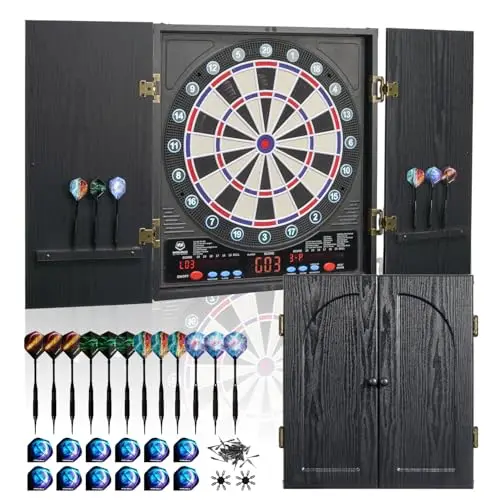 WIN.MAX Cible de fléchettes électronique professionnelle - Armoire à fléchettes avec affichage LED et 211 variantes de jeu - Kit complet pour la maison