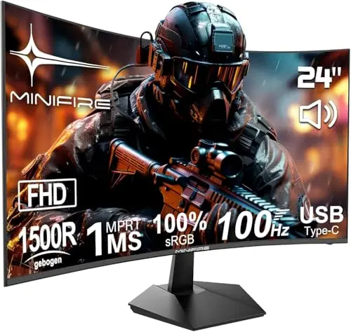 Minifire Écran Incurvé 24 Pouces 100Hz FHD, USB‑C, Haut‑Parleurs, 1500R, 1ms MPRT, sRGB 100%, HDMI, VESA 75x75 – MF24C1