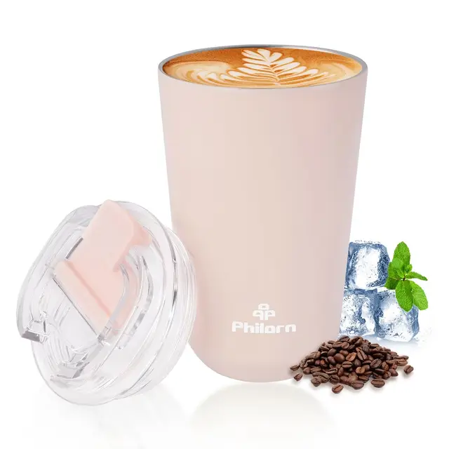 PHILORN Gobelet à café rose - Tasse isotherme de 355 ml avec couvercle, anti-fuite pour boissons chaudes et glacées, tasse sous vide en acier inoxydable à double paroi