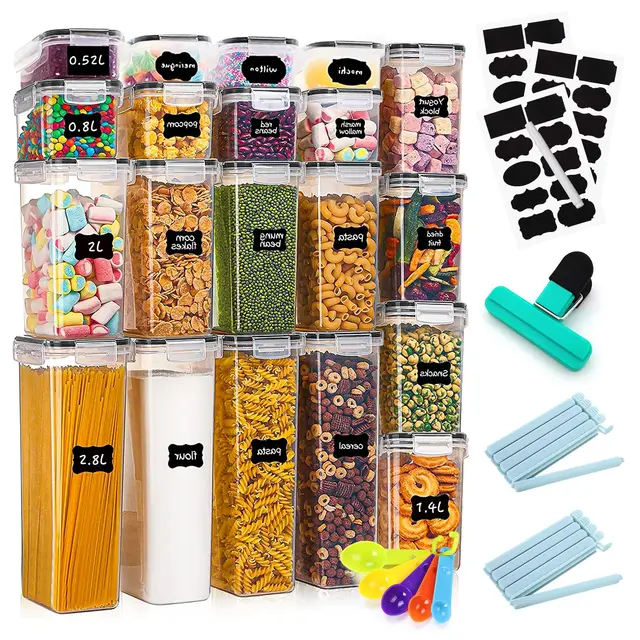 Boite de Rangement Cuisine Lot de 20,Bocaux Hermetiques Alimentaires en Plastique Scellée avec Couvercle,avec Couvercle,Autocollants,Cuillères,pour Stocker Les cereales,farine,pâtes