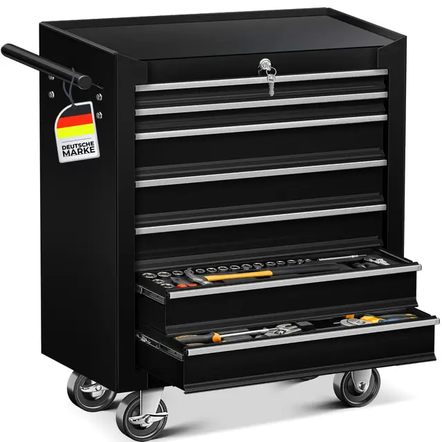 MASKO® Servante d'atelier - 7 tiroirs - Noir - Verrouillable - En métal massif - Chariot à outils mobile sans outils - Chariot d'atelier professionnel non équipé - Chariot de rangement des outils avec