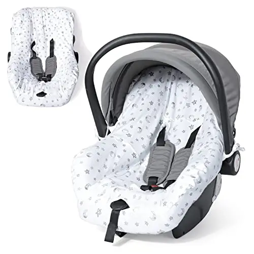 Orzbow Housse Siege Auto Bebe pour Cosy (Maxi COSI,Bebe Confort,Cybex etc.),Protection de Siège Auto Été avec 100% de Coton,Respirant et Lavable en Machine (Étoiles et Lunes Blanches)