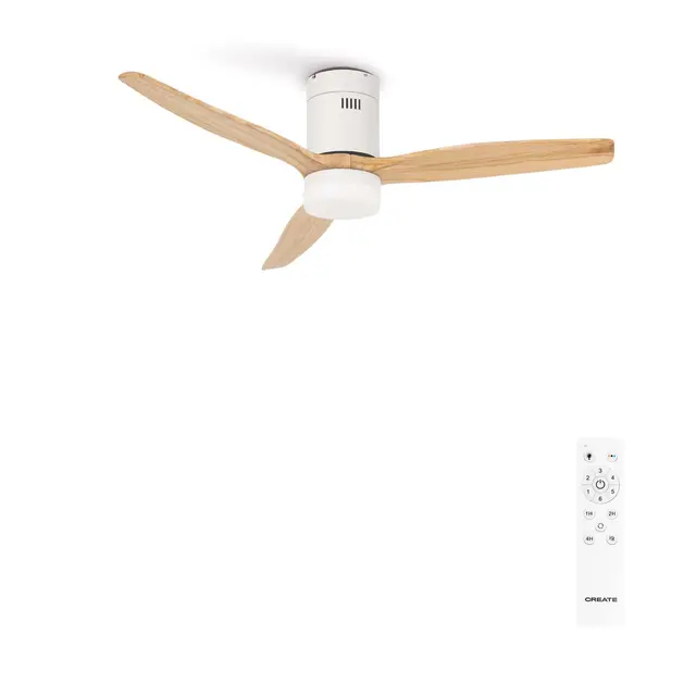CREATE / WINDCALM M/Ventilateur de plafond ABS avec lumière et télécommande blanc pales effet bois clair / 40W, Silencieux, Ø132 cm, 6 vitesses, minuterie, été-hiver, double hauteur,