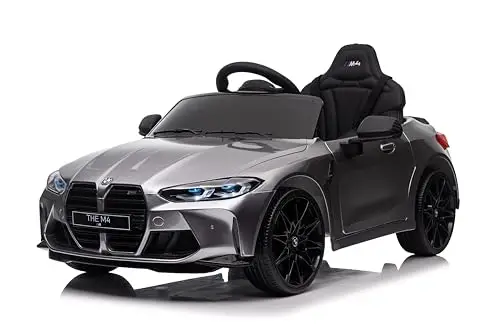 FINOOS B.M.W M4 12V Voiture électrique Enfant avec télécommande 2.4Ghz, siège en Cuir avec et Roues en Gomme,1-4 Ans (Argent)