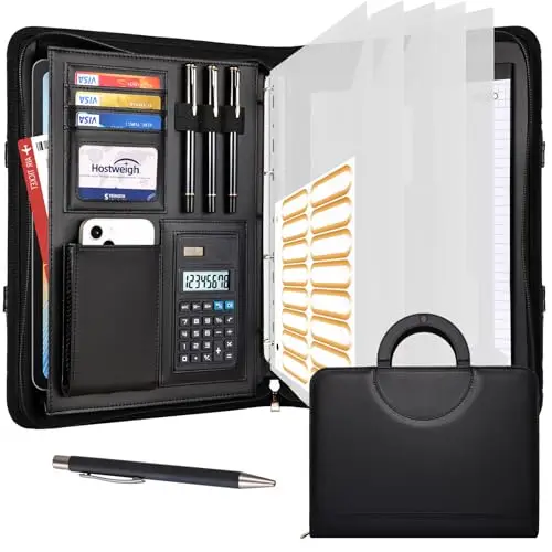 Leathario Porte Documents A4, Portfolio avec Stylo Et 5 Intercalaires Dotés de 10 Pochettes, Padfolio avec Poignée Magnétique pour Hommes et Femmes, pour Les Affaires, L'École et Le Travail