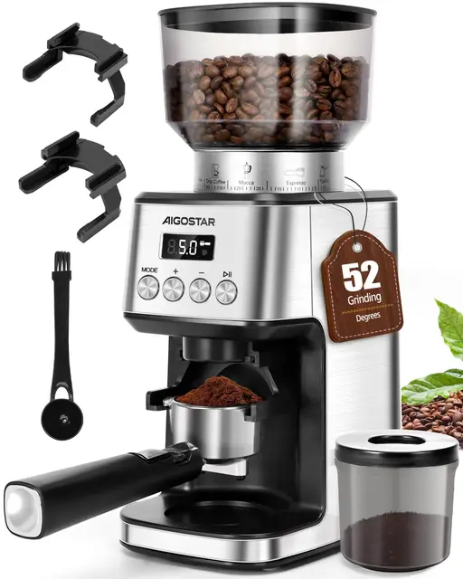 Aigostar Moulin à Café Electrique Conique, 52 Réglages de Meulage, Coffee Grinder Electrique Pour Expresso, Broyeur Cafe Grain Professionnelle Avec Affichage Numérique Précis, Acier Inoxydable, Argent