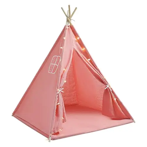 Tipi - Tente tipi pour enfant - Tapis - Guirlande lumineuse - Pliable - Tente de jeu pour l'intérieur et l'extérieur - Chambre d'enfant - 120 x 120 x 140 cm - Rose