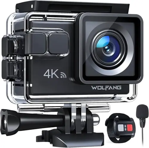 WOLFANG Caméra Sport GA100 4K 30FPS, Caméscope WiFi de 20 MP, Caméra Étanche sous-Marine 40 m avec Double Microphone, télécommande, EIS Anti-Vibration, Batterie 2 x 1050 mAh, Divers Accessoires