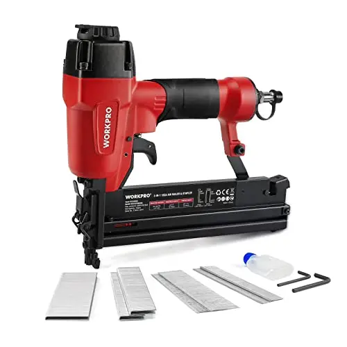 WORKPRO Agrafeuse Pneumatique Multifonctionnelle 2 en 1, 18GA, Cloueuse Pneumatique avec 300 Agrafes et 400 Pin, Idéal pour Tapisserie, Matériel de Fixation, Décoration, Menuiserie