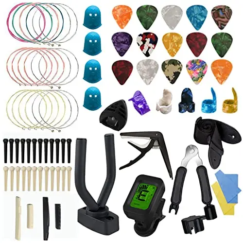 Kit Accessoire Guitare,TTCR-II 78 Pièces avec Support Guitare Capodastre Guitaren,15 Mediator Guitaren,3 set Cordes Acoustique,Accordeur,Enrouleur de Cordes,Sangle etc